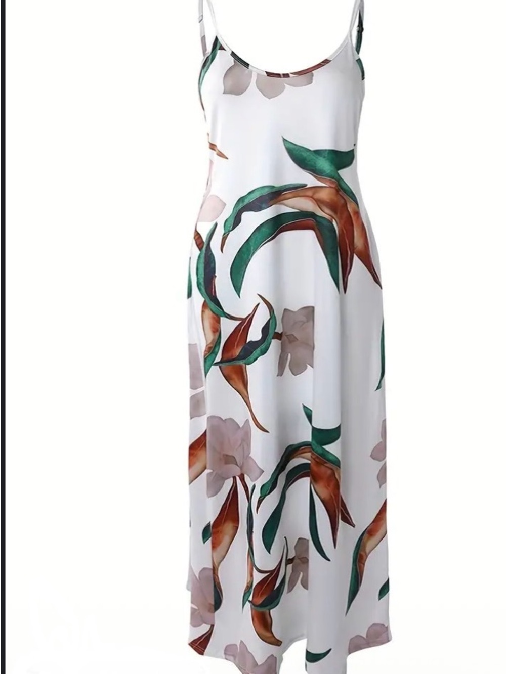 White Floral Slip Maxi Dress with Green & and Brown Leaf Print